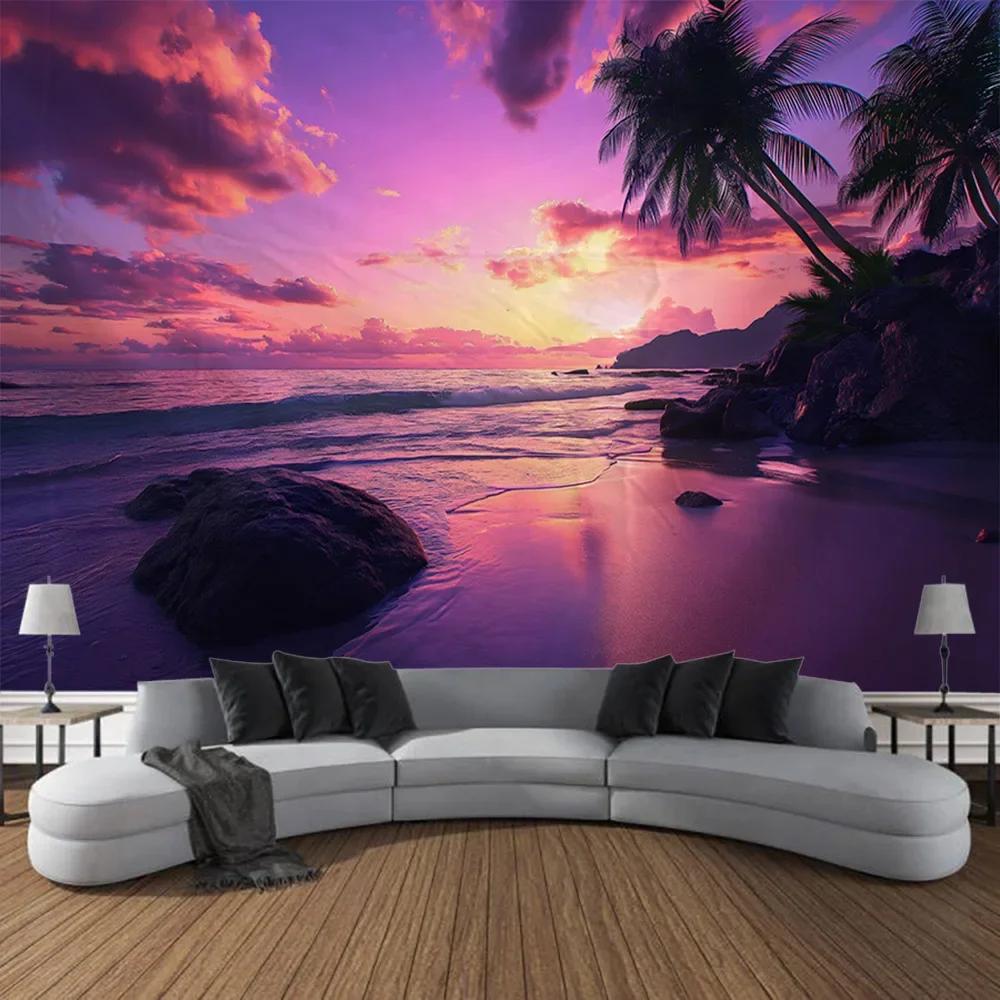 Sea view tapestry printed hanging painting coconut tree sunrise home decoration yoga mat bed sheet living room wall hanging