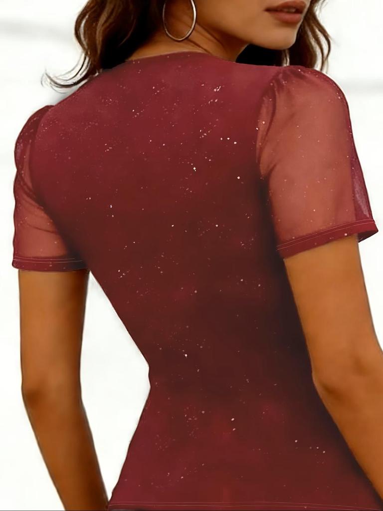 2026 Summer Elegant Women's Solid Color Mesh Short Sleeve Top
