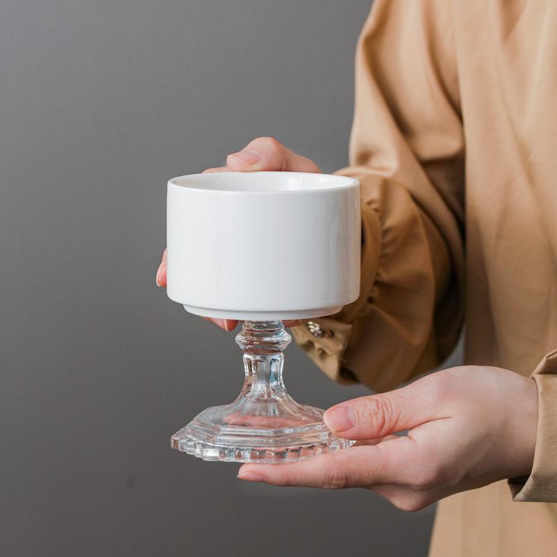 Vintage Ceramiczny Puchar na Wysokiej Stopce Francuski Puchar do Lodów Ins Miseczka do Deseru Budyniowego Domowy Drewniana Stopka Świecznik na Świecę