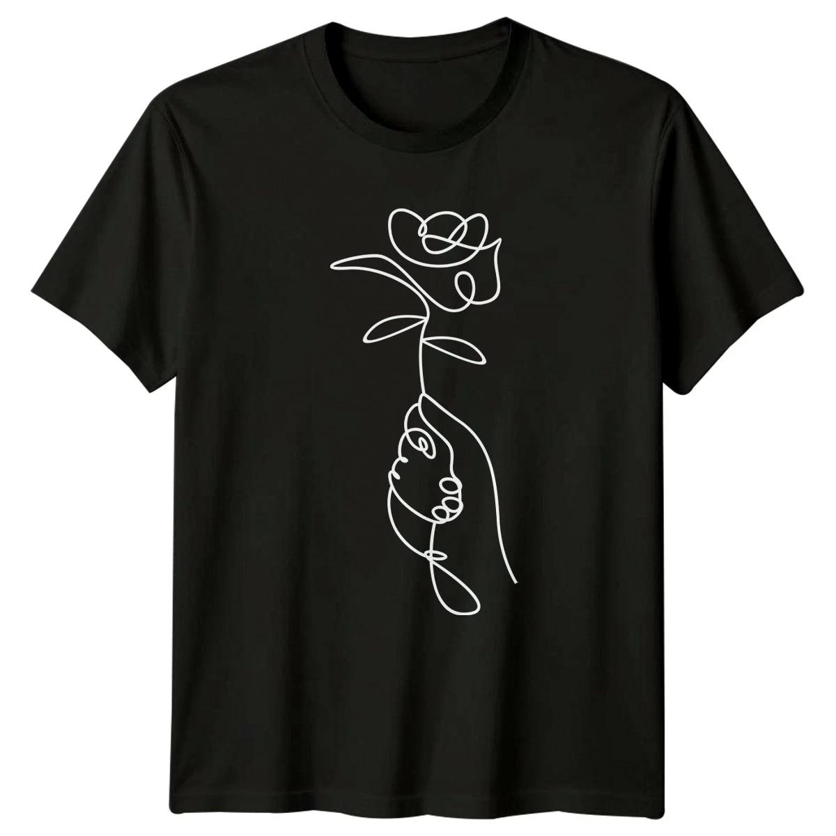 One Line Hand Holding Rose Womens T-Shirt Minimalist Floral Art Gift For Her XS