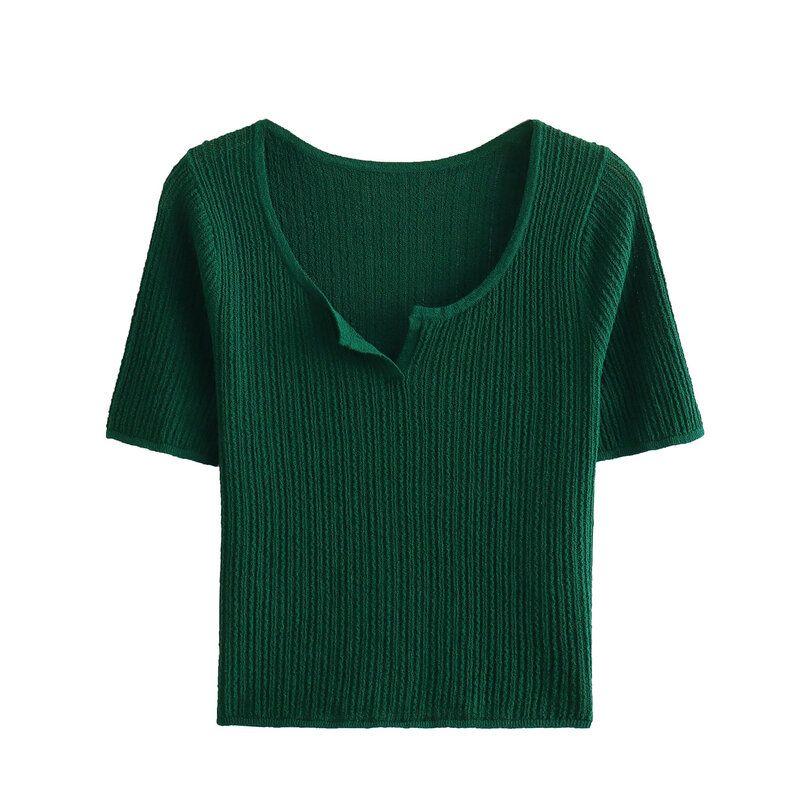 Fashion Style 2024 Spring New Arrival Women's Clothing Slim-Fitting, Fashion and All-Matching Pure Color Open Collar Short Sleeve Knitwear 466362