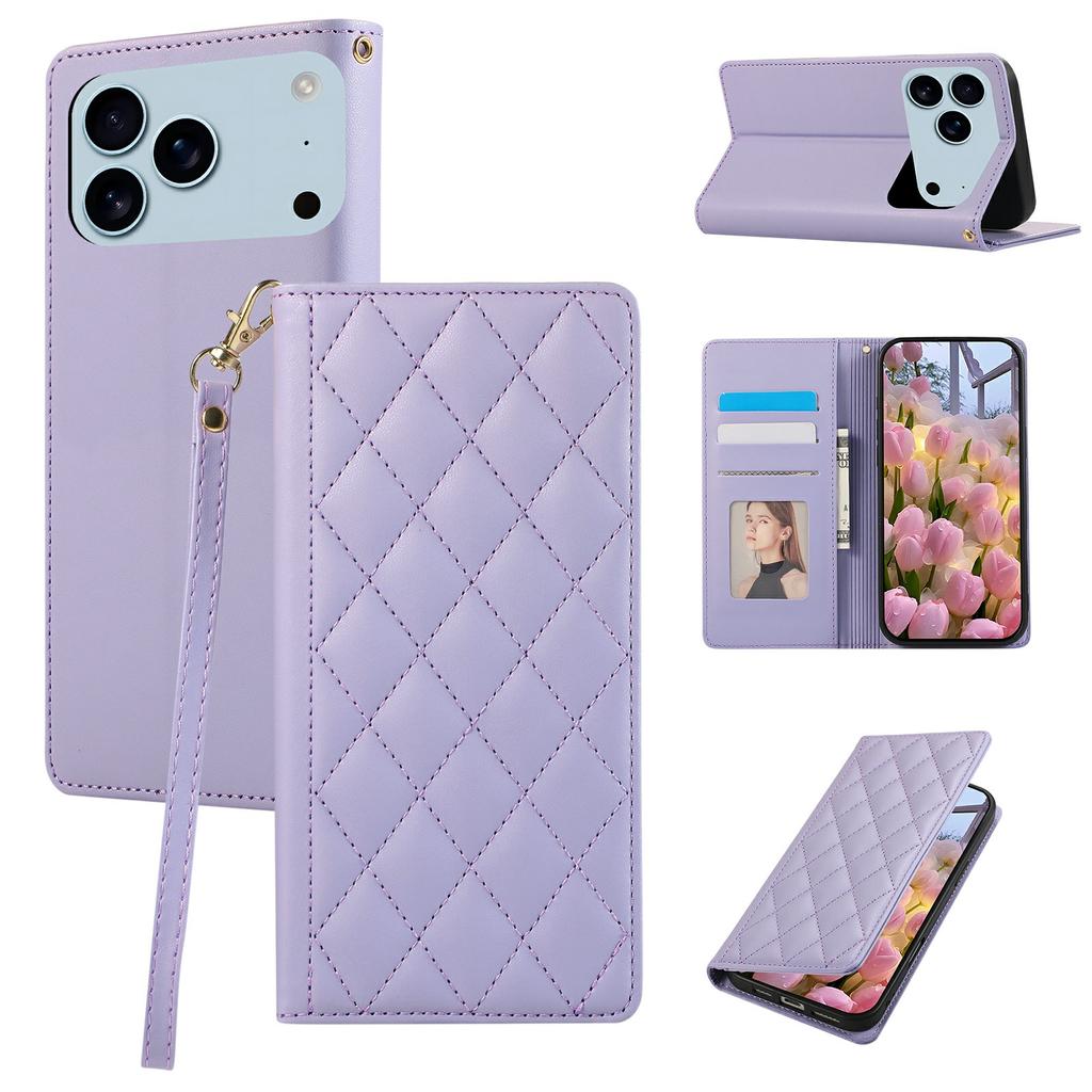 For iPhone 17 Pro Case RFID Blocking Wallet Stand Rhombus Leather Phone Cover with Wrist Strap
