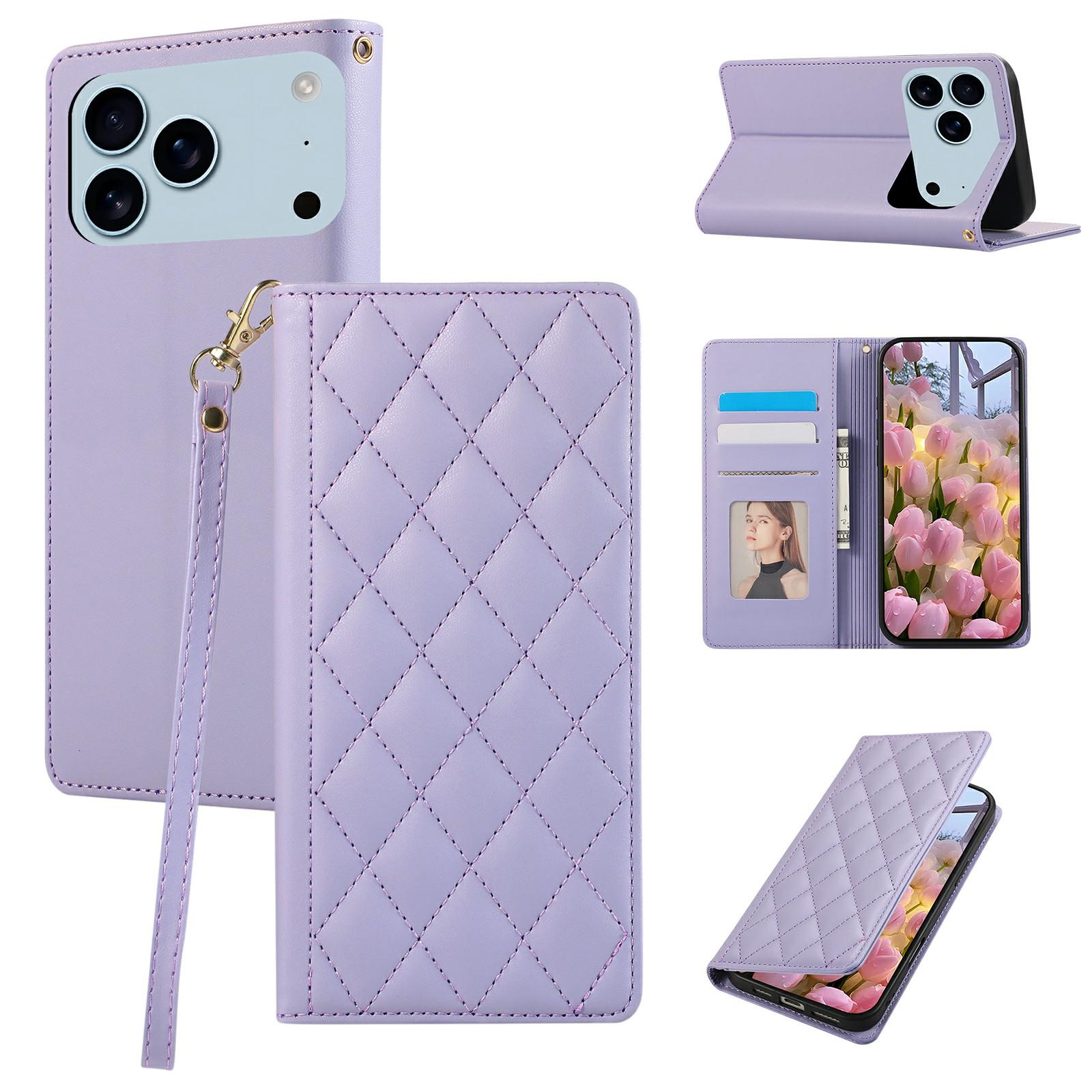 

For iPhone 17 Pro Case RFID Blocking Wallet Stand Rhombus Leather Phone Cover with Wrist Strap Purple