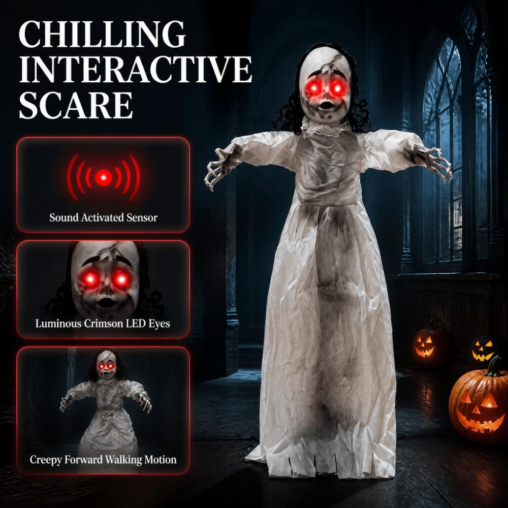 Glowing Eyes Walking Girl Doll White Clothes Swing Hanging Ghost Haunted House Prop  Entryway
