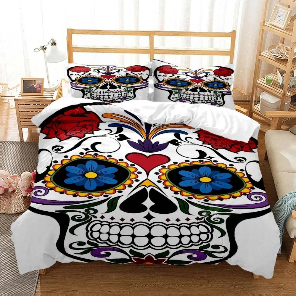 Skull Personalized Digital Printing Polyester Bedding Set For Boys And Girls Three Piece Comfortable Soft Couple Gift