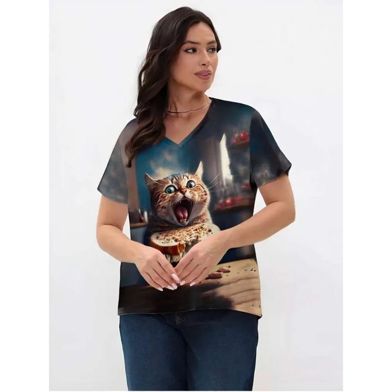 

Женская футболка с V-образным вырезом, напечатанная на 3D-принтере, с рисунком котенка, дышащая, универсальная, летняя, свежая, женская версия 5XL