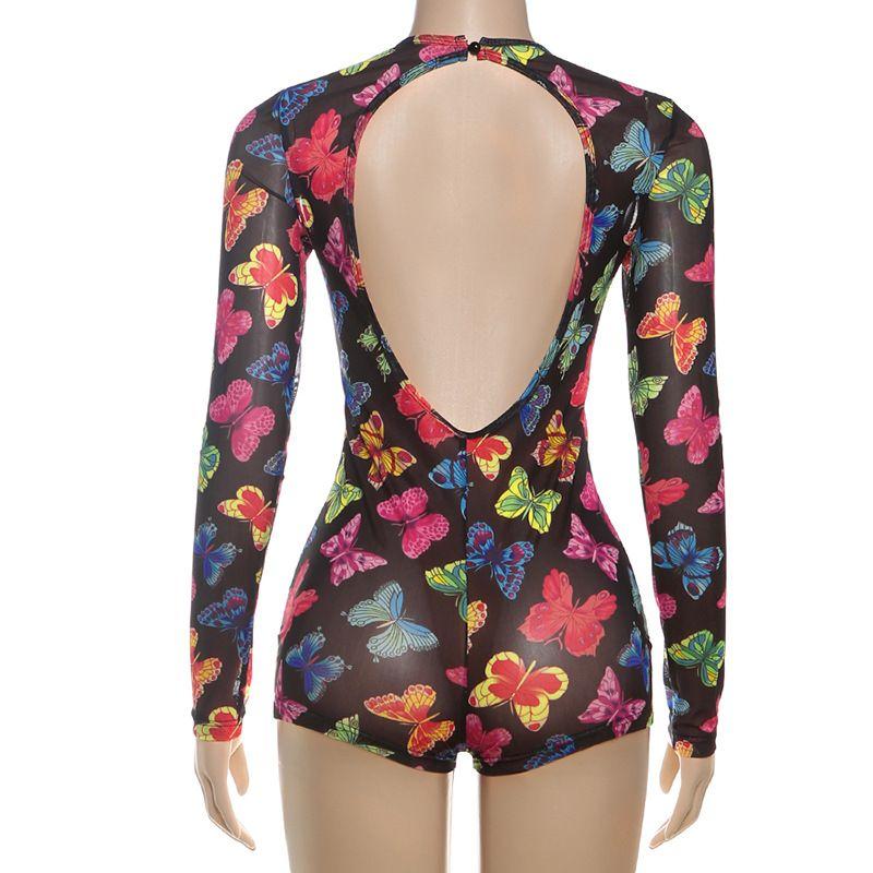 

Outfitgirl Fashion Style Butterfly Pattern Printed Mesh Sheer Long Sleeve Jumpsuit Bar Disco Dancing Wear Black S