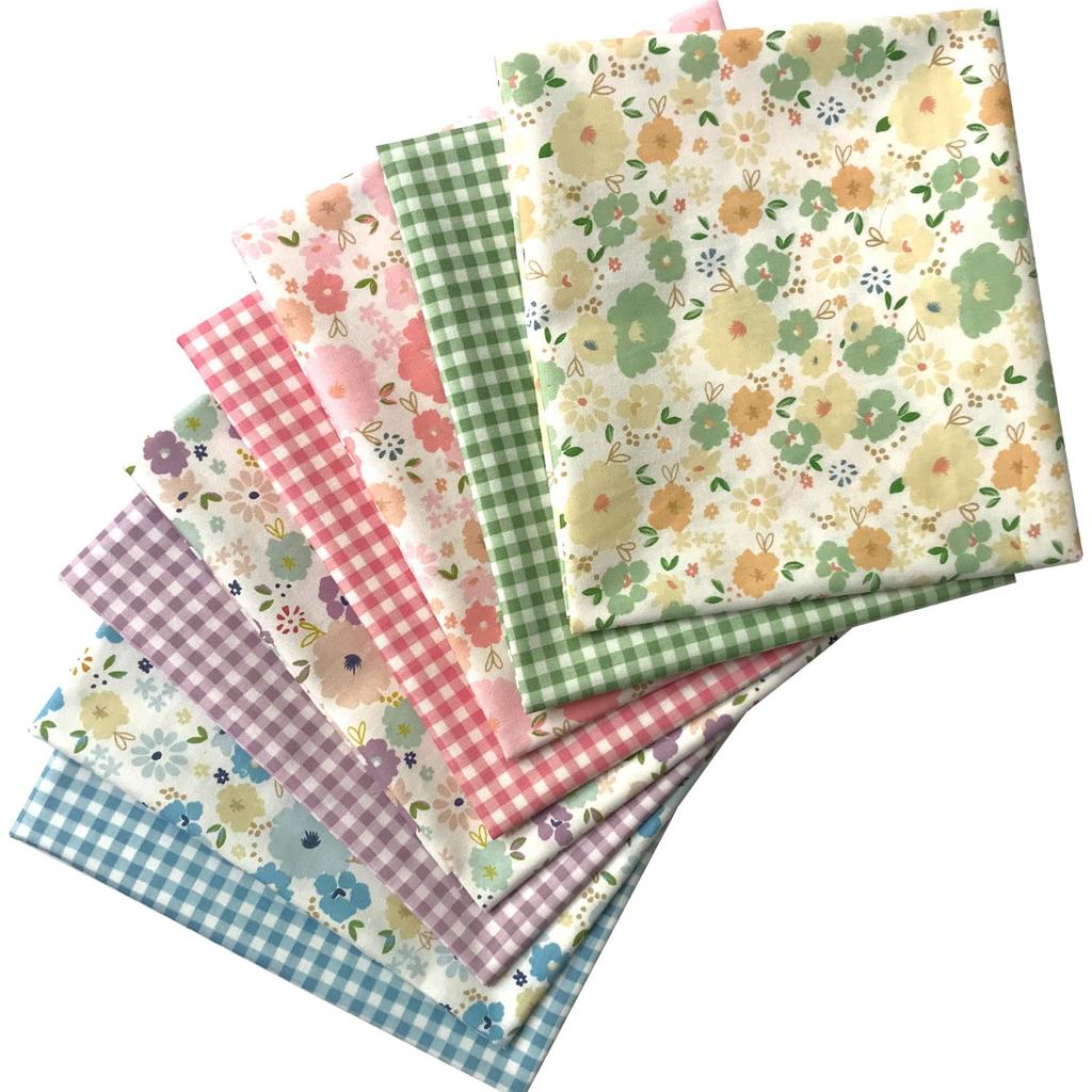 Floral Check Fabric Cutting Cloth Soft Cotton Patchwork Scraps for Crafts 8-Piece Set, Fabric, 46x56cm,