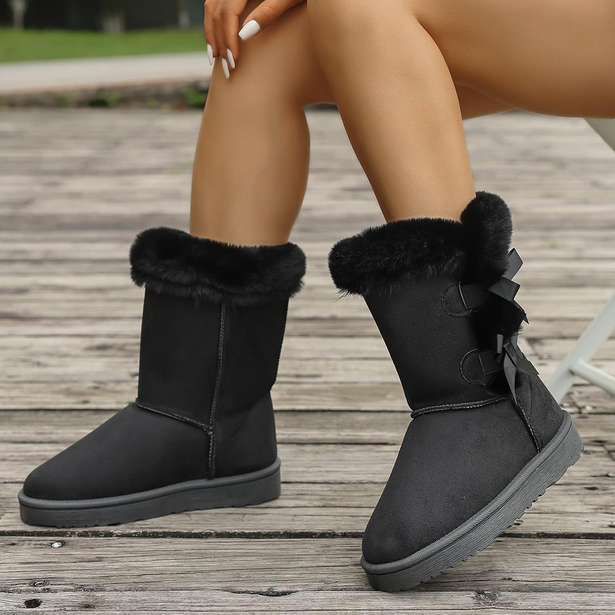 

Fashion Sweet Bowknot Decoration Mid Calf Snow Boots Women 2025 Winter Round Toe Thick Bottom Fur Boots Warmshort Plush Non Slip Botas 42 чёрный