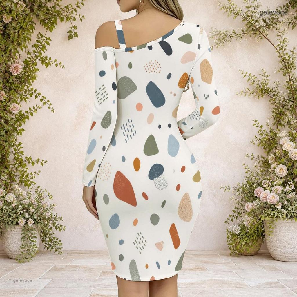 Women S Plus Size Chain Strap Cold Shoulder Long Sleeve Printed Asymmetrical Bodycon Dress
