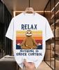2026 New Cotton Tshirt Retro Gradient Stripe Sitting Sloth Relax Fun English Print Lazy Style Unisex Top