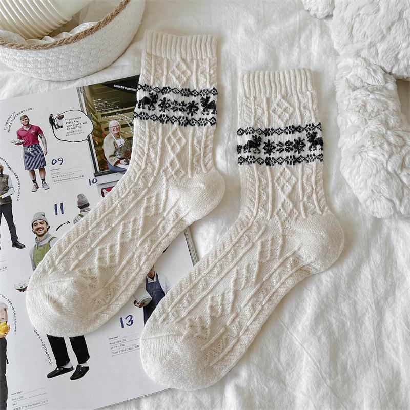 Wool Socks for Women, Mid-calf Socks for Autumn and Winter, Thickened Cashmere for Warmth, Christmas Snowflake Reindeer Long Calf Socks