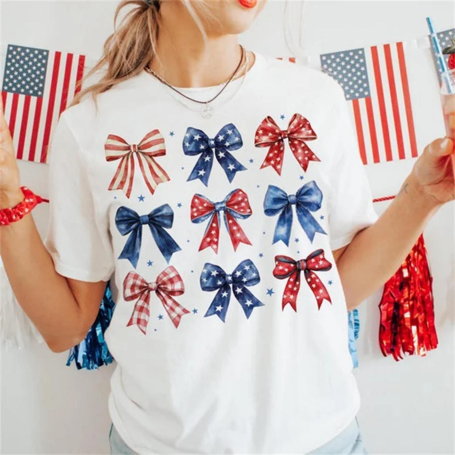 

Patriotic Bows Women s Regular T-Shirt Cute Short Sleeved Top Lady Casual Tee Fashionable Women s Clothing Summer Trendy Tee XXXXXL білий