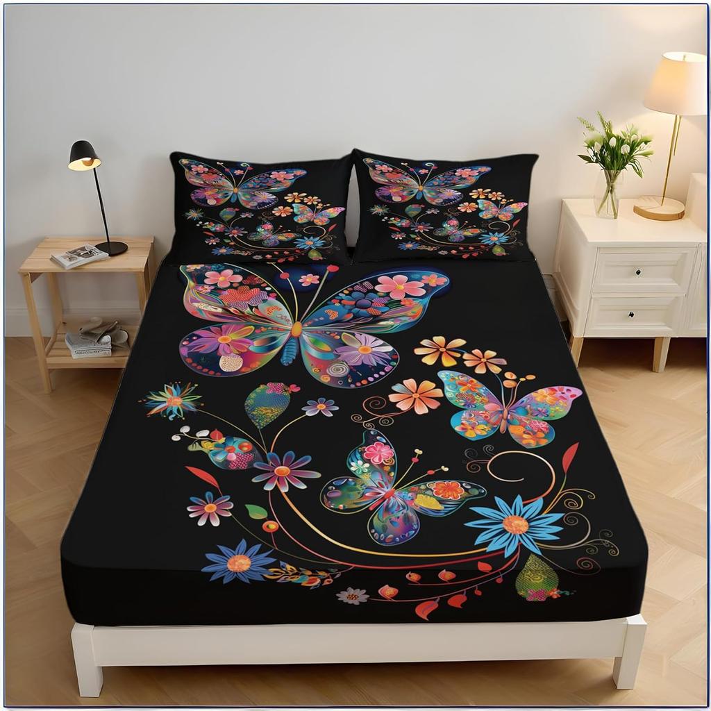 3D Butterfly Single Fitted Sheet Blue Printed Bed Sheets 30 cm Deep Fitted Sheets Soft Microfiber Bedding Set with Pillowcase