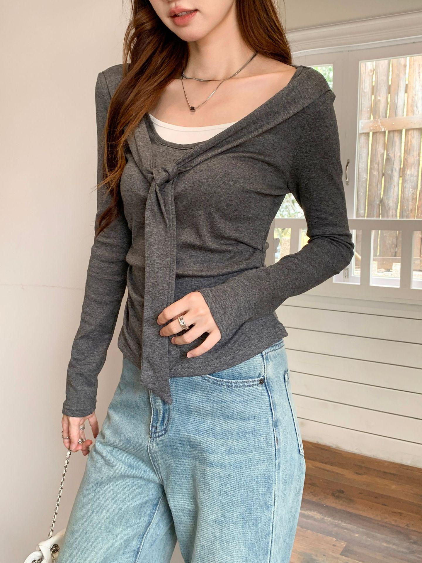 Korean-Style Two-Piece Look Long-Sleeve T-Shirt for Women, Early Spring Shawl Layering Top Large серый