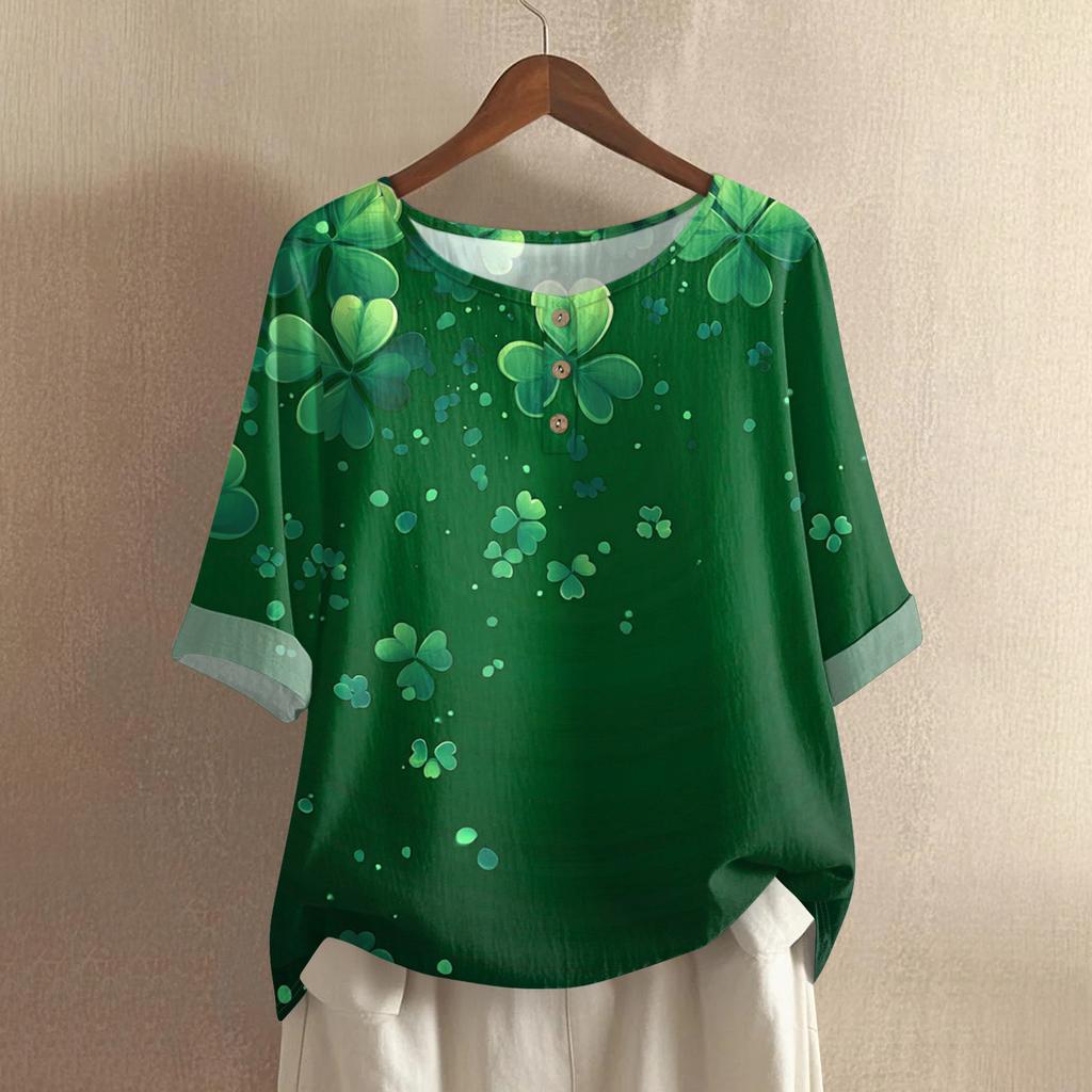 Women's Fashionable And Casual Shirt 3/4 Sleeve Round Neck Print Blouse Top