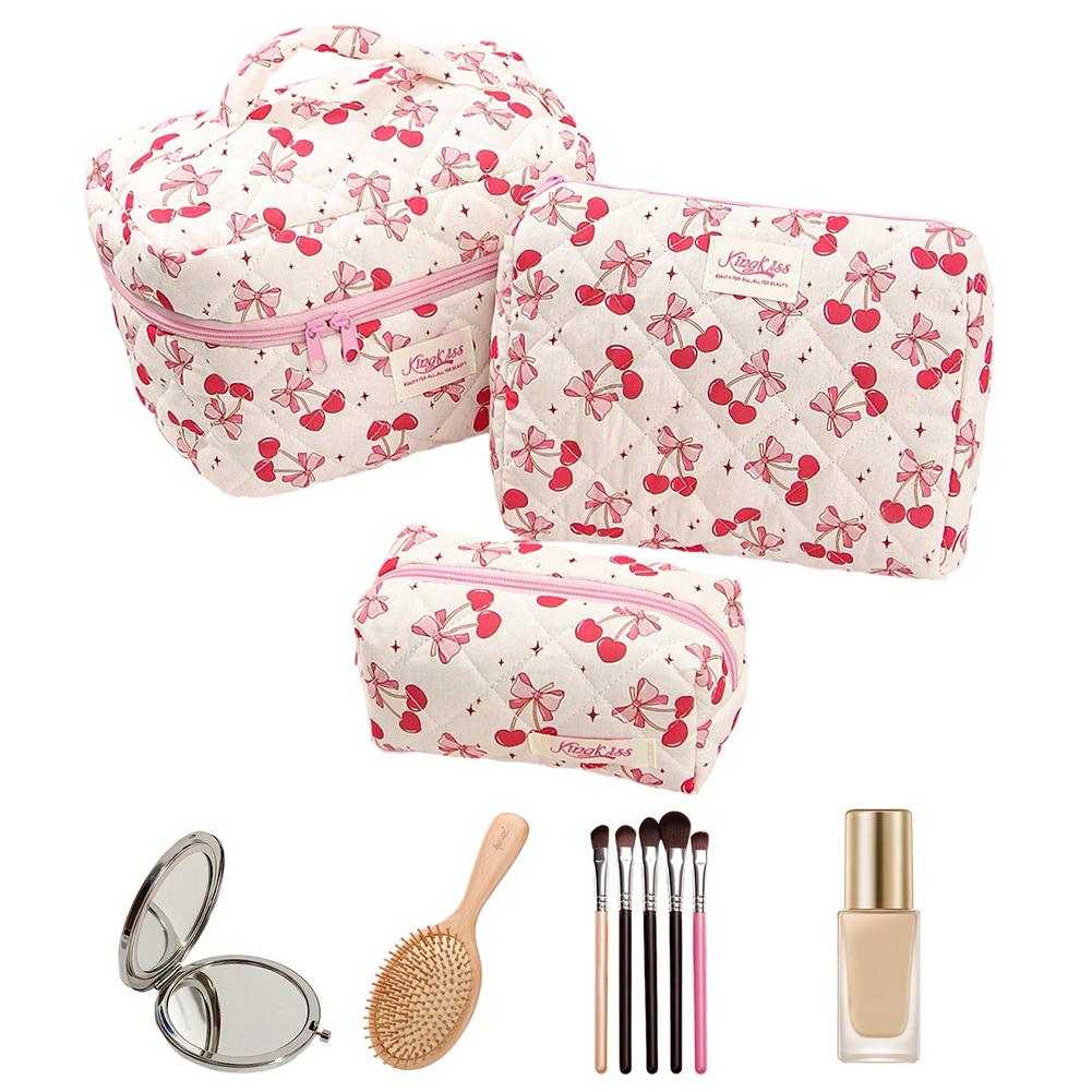 3pcs Cotton Quilted Travel Makeup Bags Large Capacity Toiletry Organizer Bags Makeup Pouch for Women and Girls