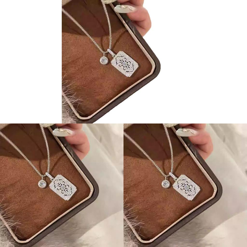 Geometric Zircon Hollow Square Pendant Necklace For Women Fashion Elegant Locking Chain