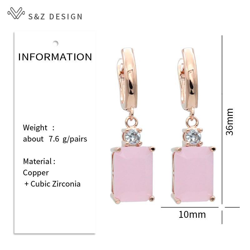 Fashion Pink Rectangle Cubic Zirconia Drop Earrings For Womenn Wedding Party Jewelry Rose Gold Color Eardrop