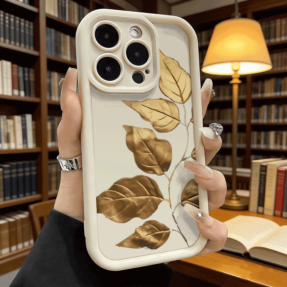 Golden Leaf Branch Phone Case for iPhone 17 16 15 14 13 12 11 Pro Max Plus Anti Scratch, Gel Flexible Protective