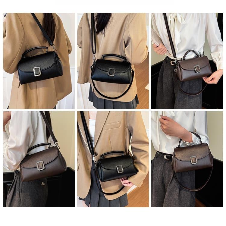Lychee Pattern Metal Square Buckle Handbag Women's Shoulder Bag