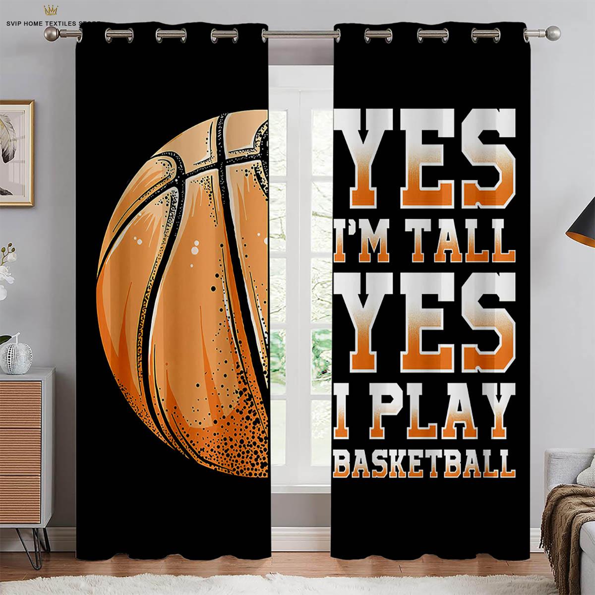 Maschinenwaschbare Vorhänge mit Basketball-Print, Schlafzimmer, Wohnzimmer, Küche, Club, Wohnheim, Dekorativ, 2 Stück W50X130H(CM)X2PCS&Grommet Top