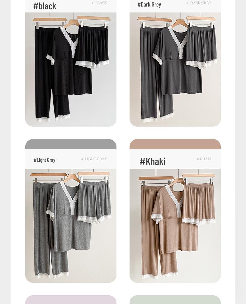 Women's Summer Pajama Set - Three-Piece Short-Sleeve Top, Long & Short Pants with Chest Pads, Lace Design, Wear Indoors or Out.