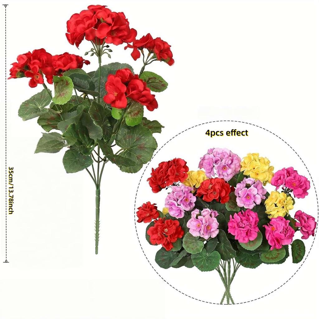 3/4ks Umělé Pelargonie Různých Barev - Venkovní Umělé Květiny pro Svatební, Zahrádkovou, Terasovou, Verandovou Dekoraci