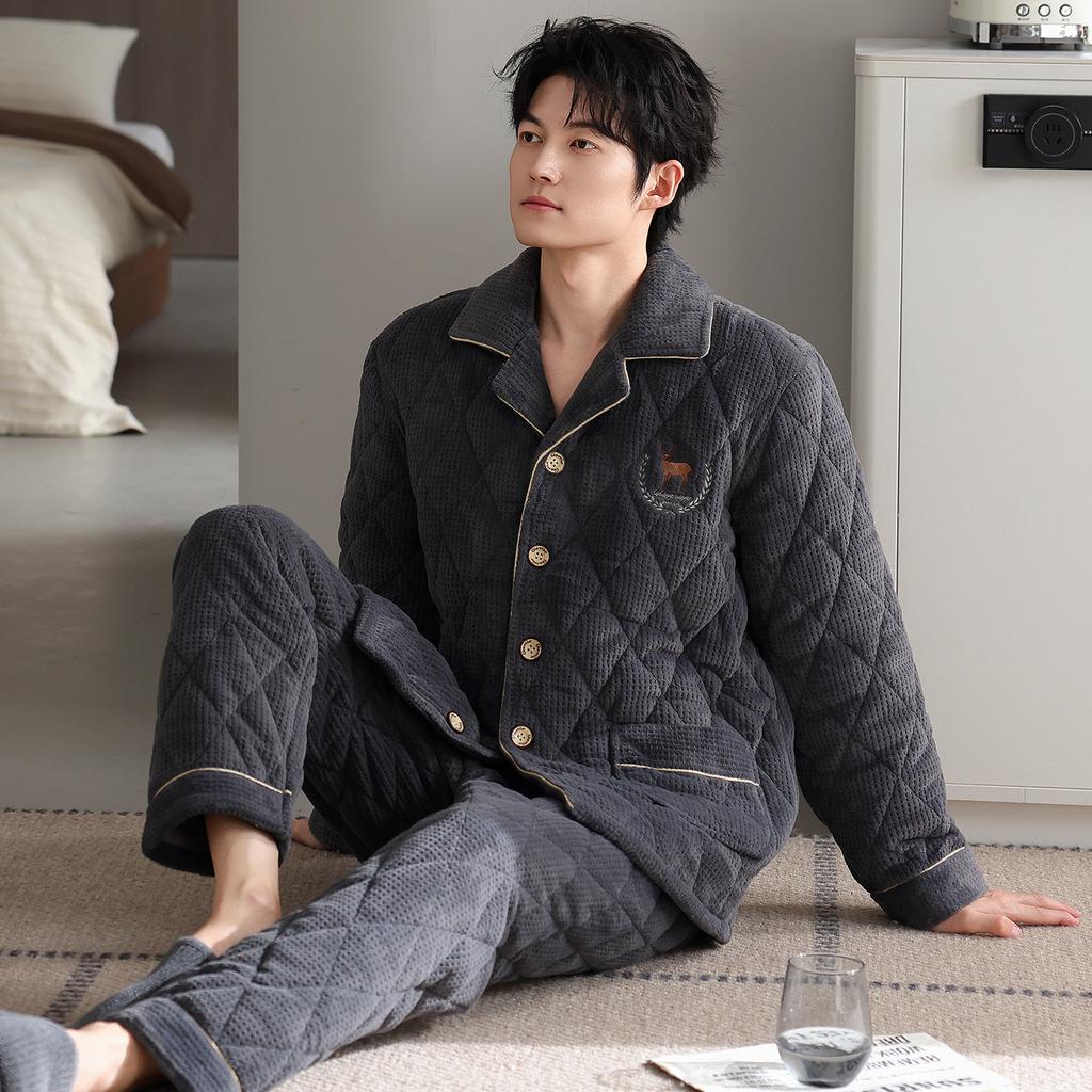 Winter padded pajamas men's thickened coral fleece three-layer warm homewear winter super thick can be worn outside large size padded jacket