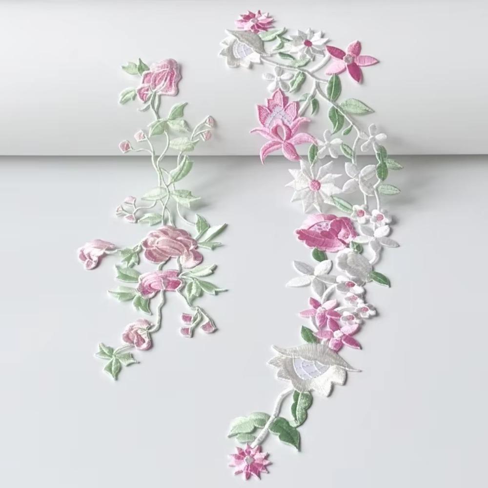 Rose Flower Flower Embroidered Cloth Patch Long Strip Pink and Green Iron-on Patch Adhesive Back 3D Embroidered Patch