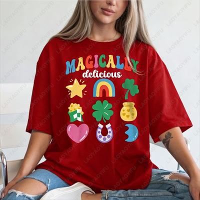 Magically Delicious St Patricks Day Unisex Cotton Tshirts Fun Cute Clover Star Printed Women Tee Irish Festivals Ropa Mujer