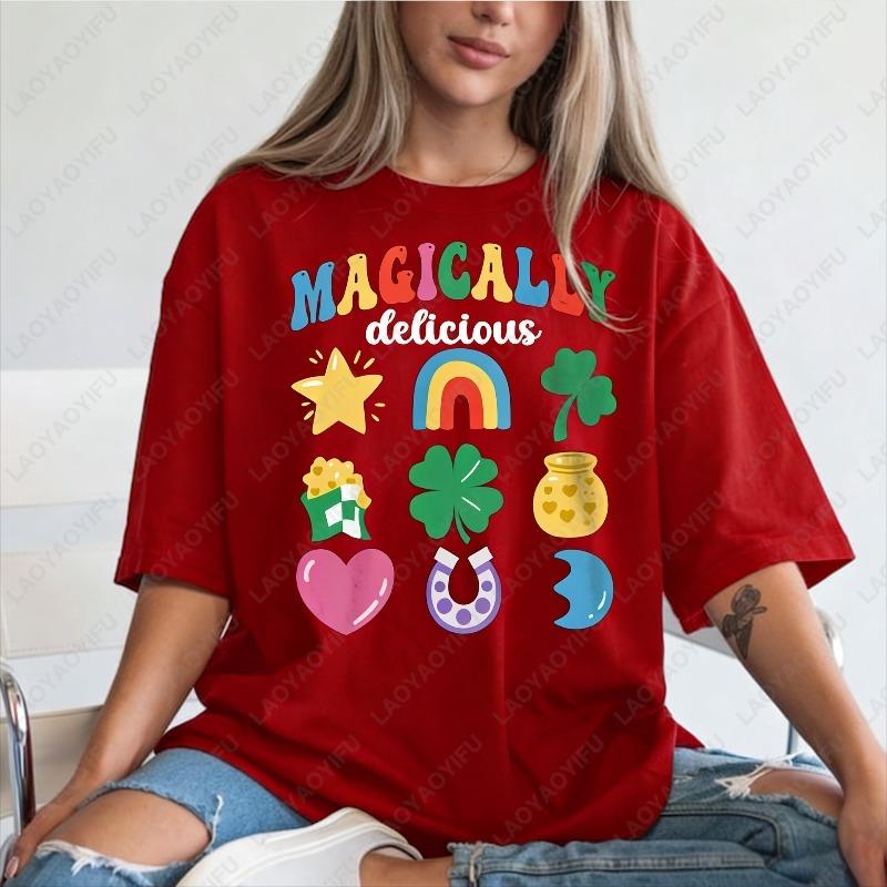 Magically Delicious St Patricks Day Unisex Cotton Tshirts Fun Cute Clover Star Printed Women Tee Irish Festivals Ropa Mujer