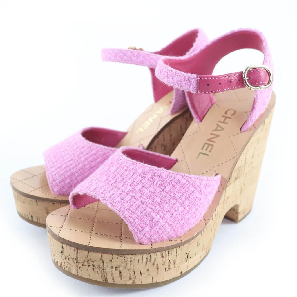 Tolle CHANEL Sandalen COCO Mark Keilsohle Tweed rosa Damen 36.5 G38994 Gebraucht