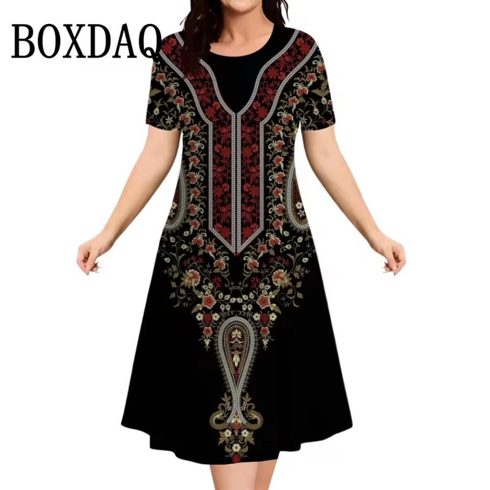 Vintage Elegant Ethnic Elements Flowers Printed Dress Big Size Women's Summer Short Sleeve O-Neck Casual Loose Dress Vestidos