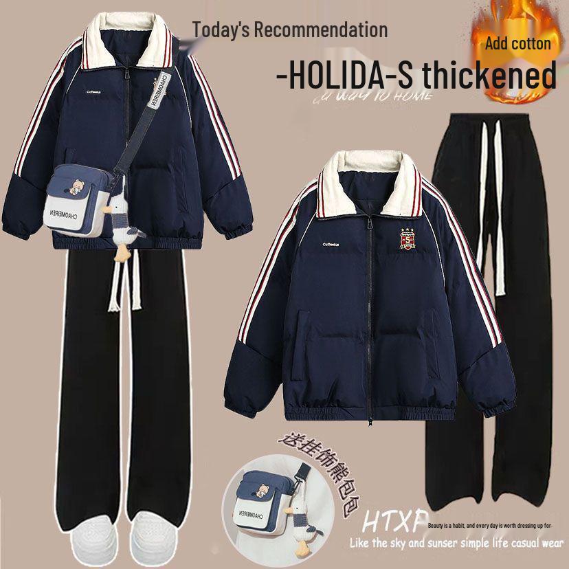 Colorblock Winterset: Lässiger Baumwollmantel im koreanischen Stil & Jeans mit Kordelzug für Studentinnen