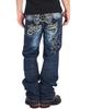 Vanson Flying Star Embroidered & PU Leather Distressed Denim Pants SP-B-15 (Size 38, Indigo)