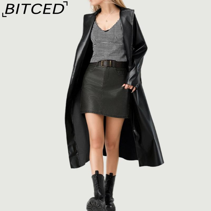 BITCED Langer Trenchcoat im Bademantelstil, Frühling/Herbst Knitterarm Modische Damenlederjacke, Ledermantel