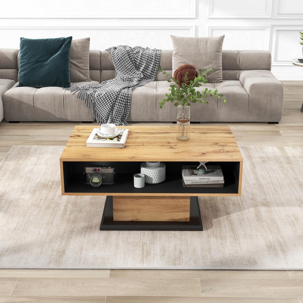 Wood Grain Coffee Table with Handleless Drawer, Storage Compartment and Rear Compartment, Double-Sided Storage, Office/Living Room Sofa Table
