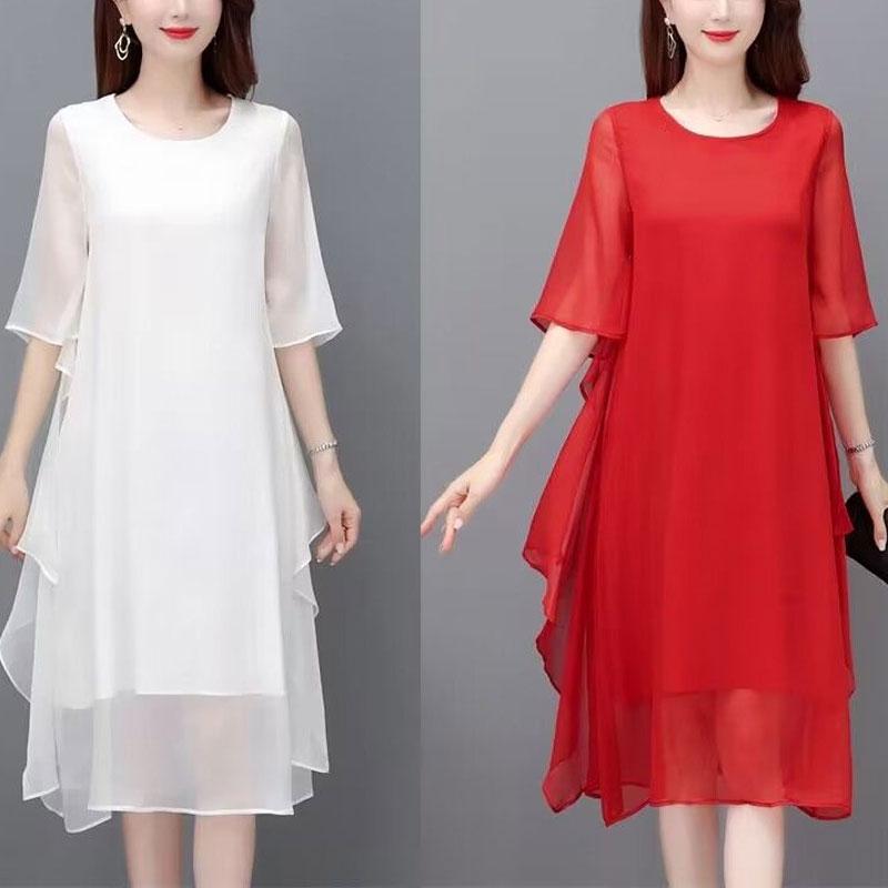Women's Solid Color O-Neck Midi Dress Basic Stylish Ruffles Spliced Irregular Short Sleeve Dresses Loose Casual Summer
