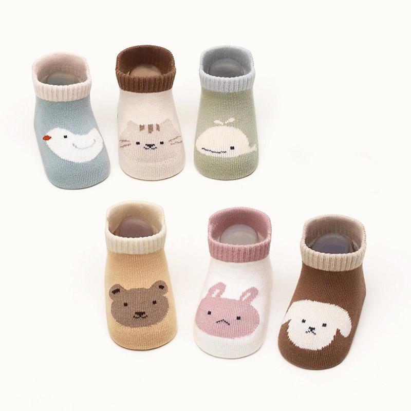 6 Pairs Kids Non-Slip Socks Cute Cartoon Animal Bear Gog Cat Pattern Children Boys Girls Baby Toddler Floor Socks Comfortable