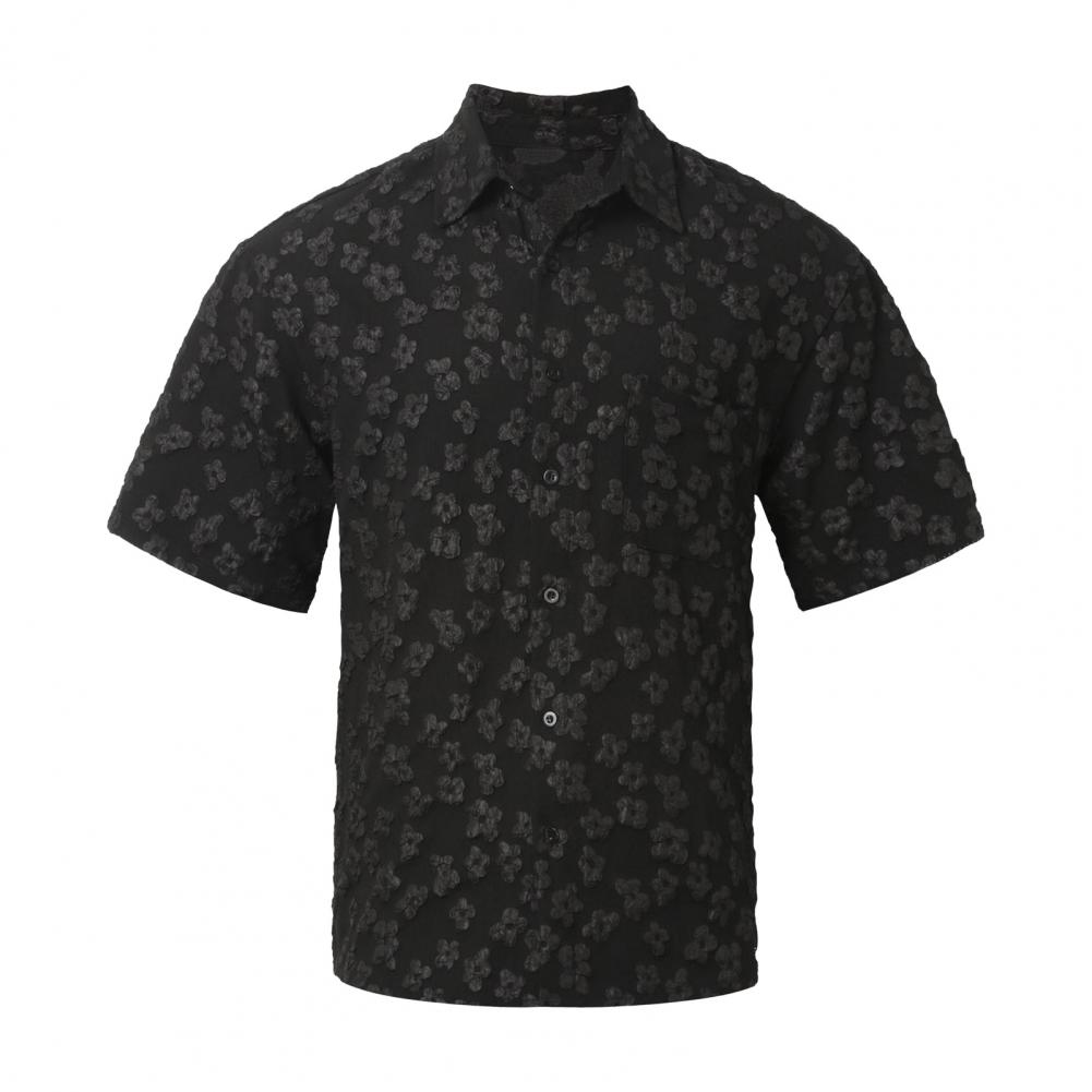 Men Short Sleeve Shirt Turn-down Collar Tee with Embossed Flower Pattern Retro Style Loose T-Shirt for Daily Beach Wedding Offic