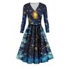 Damen-Swing-Kleid mit Weihnachtsbaum- und Schneeflocken-Print, V-Ausschnitt, schmale Passform, langärmelig