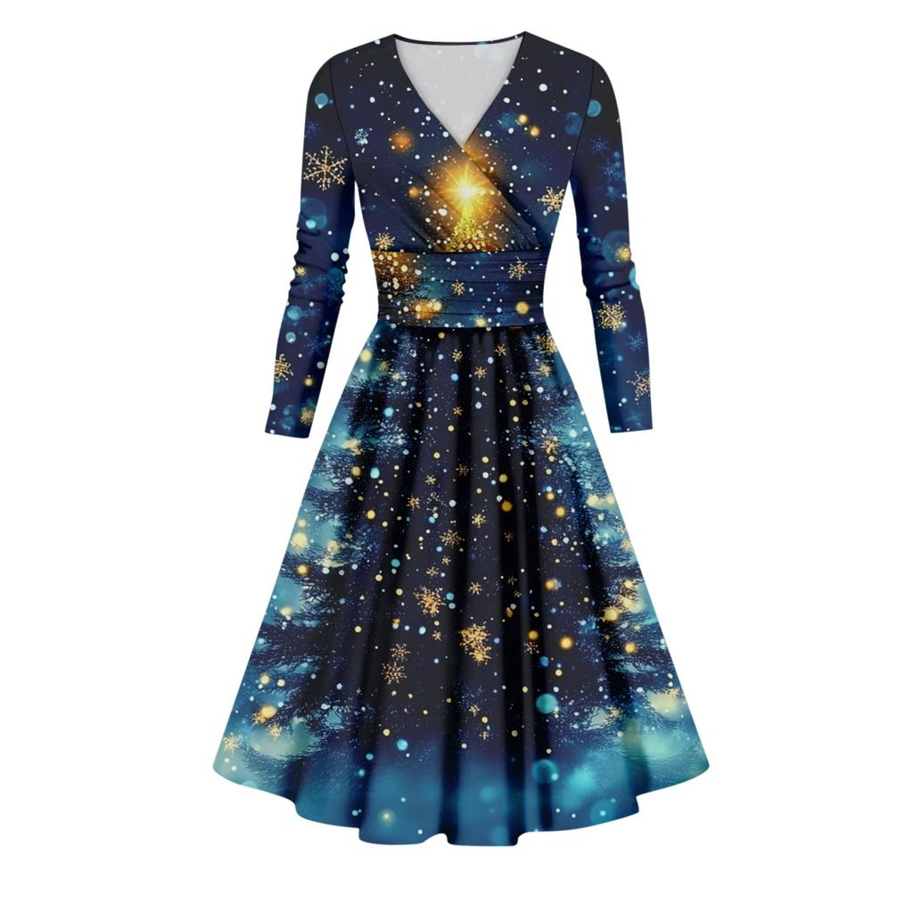 Damen-Swing-Kleid mit Weihnachtsbaum- und Schneeflocken-Print, V-Ausschnitt, schmale Passform, langärmelig