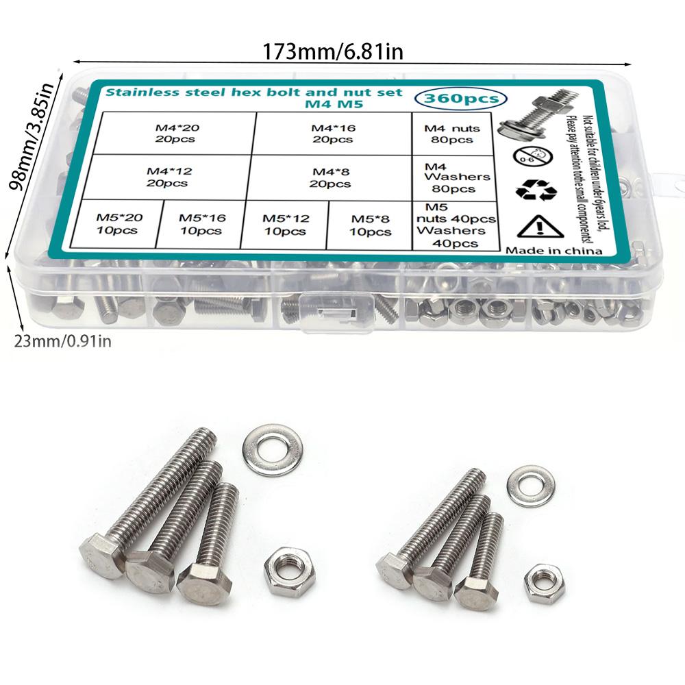 360-piece set of stainless steel hex bolts and nuts, M4 and M5, lengths 8mm, 12mm, 16mm, and 20mm.