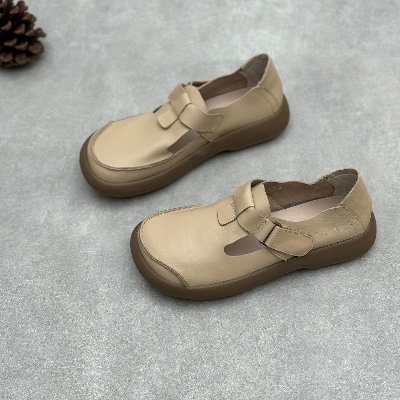 Johnature Retro Handmade Loafers Genuine Leather Women's Shoes Round Toe Casual Cowhide Women's Flat Shoes