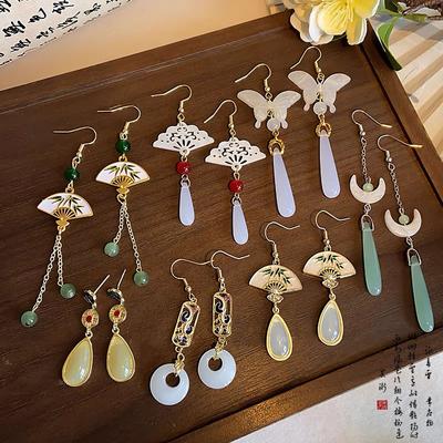 Fan, Water Drop, Resin, Ear Hook, Ethnic Style, Retro and Advanced Earrings, Ancient Style Cheongsam Temperament, Earrings, Women