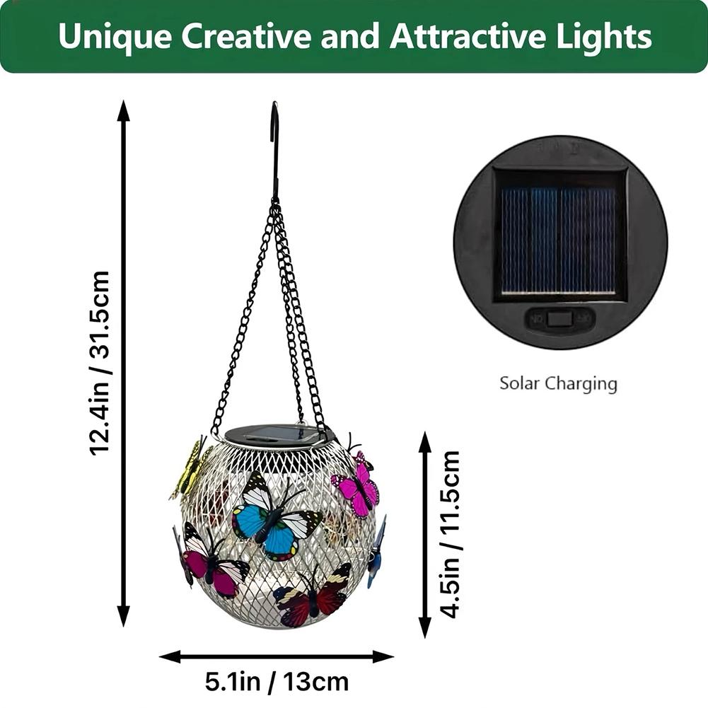 Outdoor Solar Powered Lantern Waterproof Hanging Butterfly Solar Lantern Warm Light Metal Hollow Pendant Light for Patio Yard