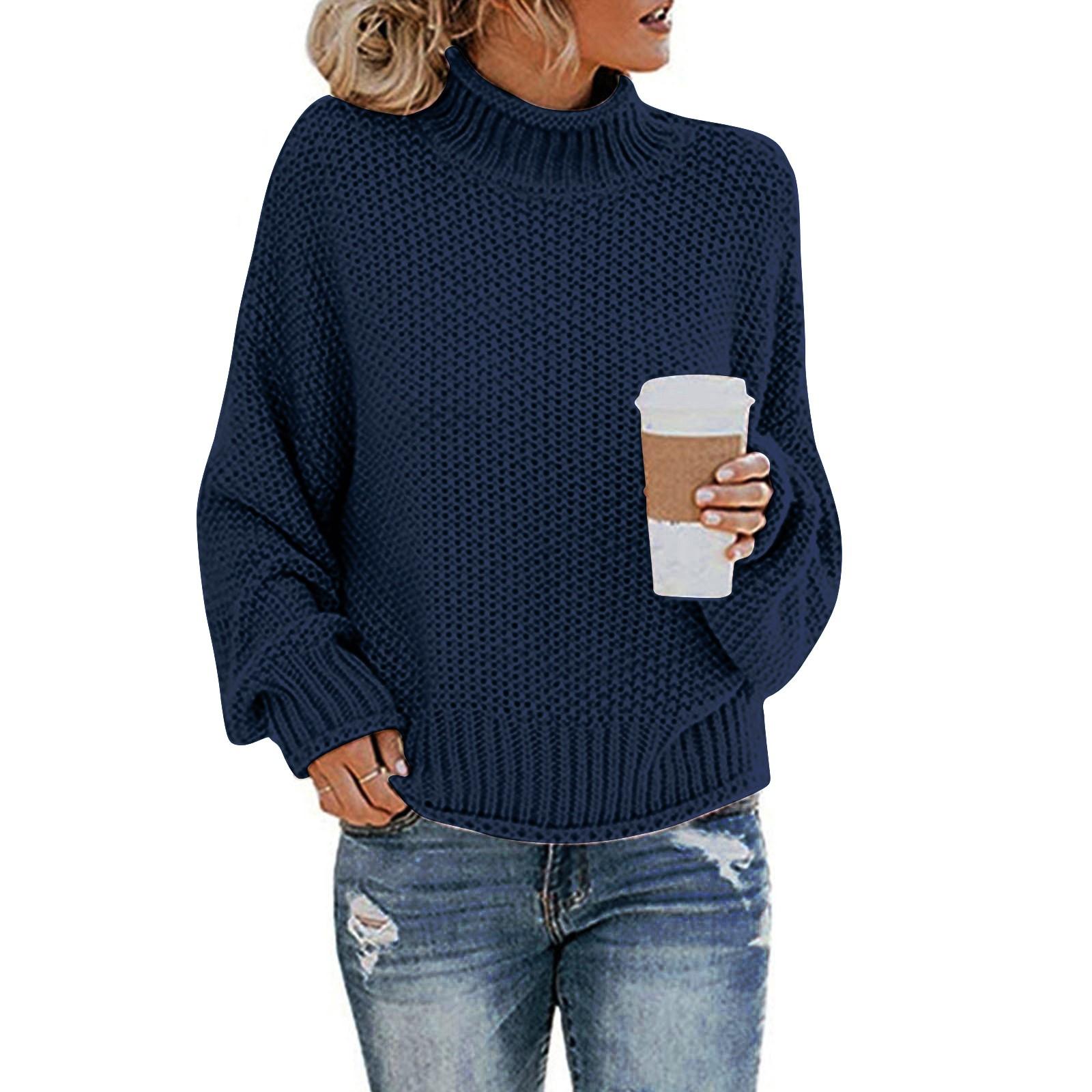 

Женский модный свитер, однотонный вязаный свитер с высоким воротом и тонким дном L синий