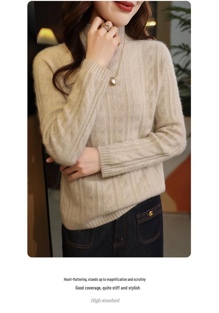 Four-Strand Thick Cable Knit High-Neck Cashmere Sweater - Slim-Fit, Soft and Smooth Women's 2025 Autumn/Winter Collection.