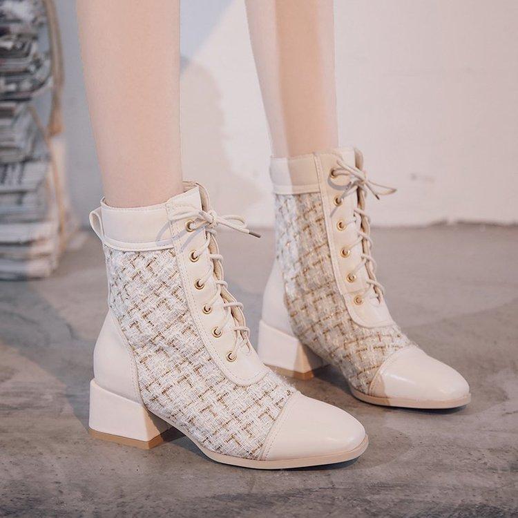 Square Front Lace Up Mesh Red Thick Middle Heel Fashion Versatile Fashion Boots